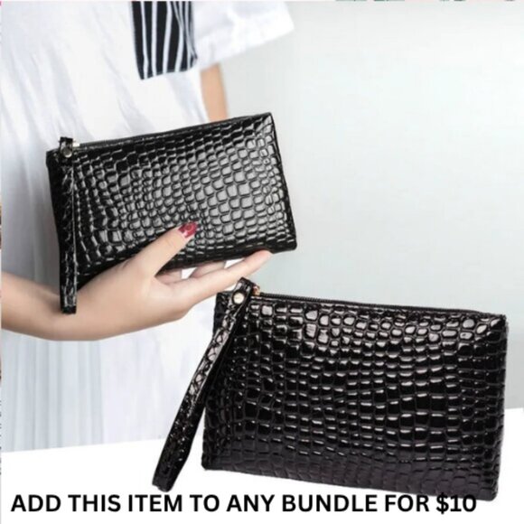 $10 ADD ON ITEM -Black Croc-Embossed Leather Clutch Wristlet Zip Pouch Purse - Picture 1 of 5